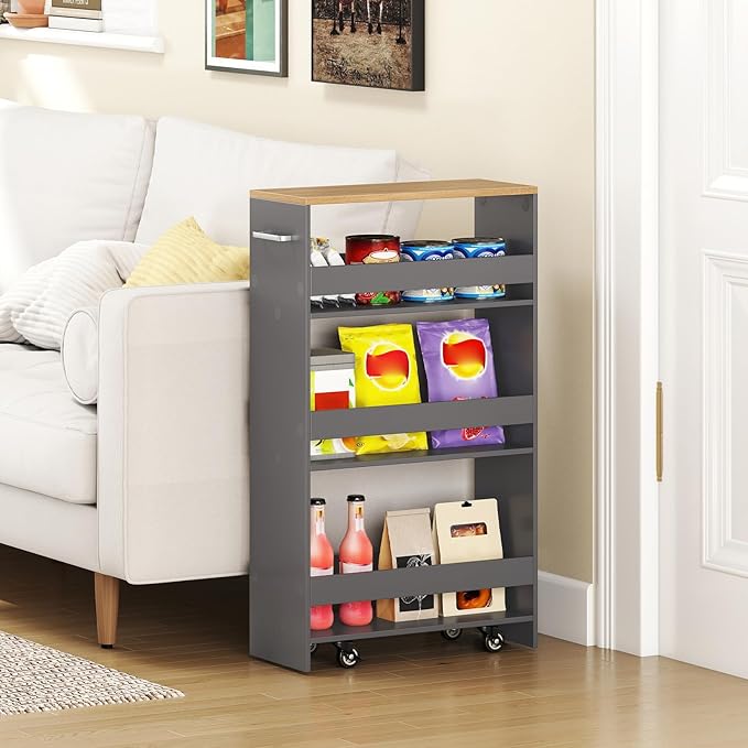 Small Kitchen Cart, 4-Tier Slim Rolling Island w/Handle, Laundry Room Storage Organizers Between Washer and Dryer, Narrow Spice Rack on Wheels Next to Fridge (Gray, 8'')