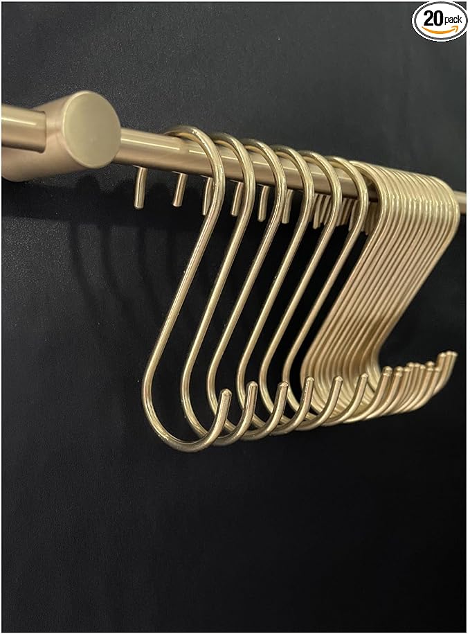 S Hooks, Solid Brass, Rounded-End Craftsmanship, Non-Magnetic, 20 Pack, Gold - for Kitchen Rack Rail Closet Dorm Hanging Pans Pots Coffee Mugs Jeans Towels Bags Purse