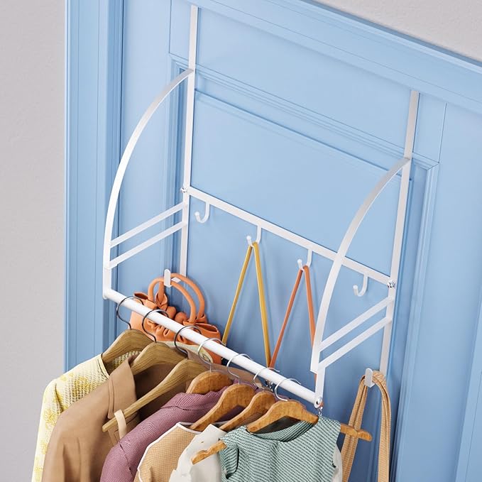 Over The Door Clothes Hanger Drying Rack, Over Door Drying Rack Hooks for Hanging Towels, Coats & Clothes, Door Hanger Organizer Storage for Bathroom Bedroom Laundry Dorms Washroom (White)