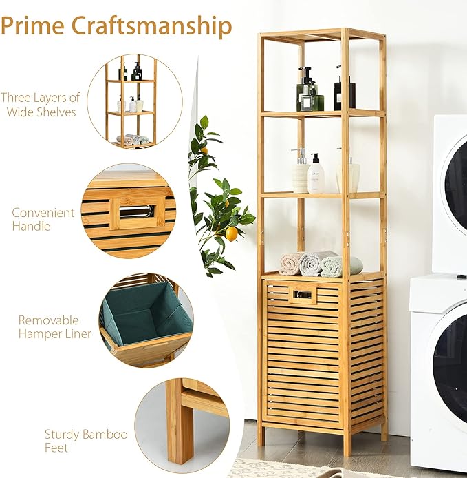 Byroce Bamboo Tilt Out Laundry Hamper with Shelves, 4-Tier Storage Shelf with Removable Laundry Basket & Handle, Tower Hamper Cabinet Organizer for Bathroom, Bedroom, Laundry Room, Living Room