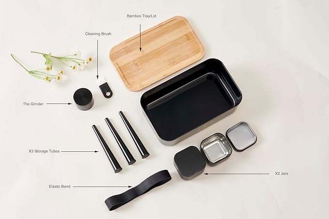 Stash Box with rolling tray - Air-Tight Storage Stash Box with Bamboo Tray - Portable Decorative Box for Herbs (8inch)