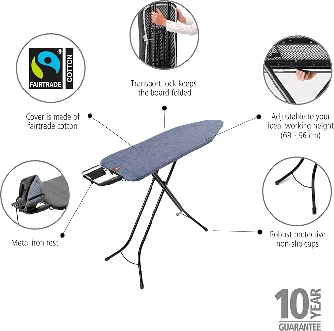 Brabantia Size B Ironing Board (49x15 in) 7 Height Options, Adjustable Steam Iron Rest Holder (Denim Blue) Non-Slip Feet, Anti-Collapse Child Locks