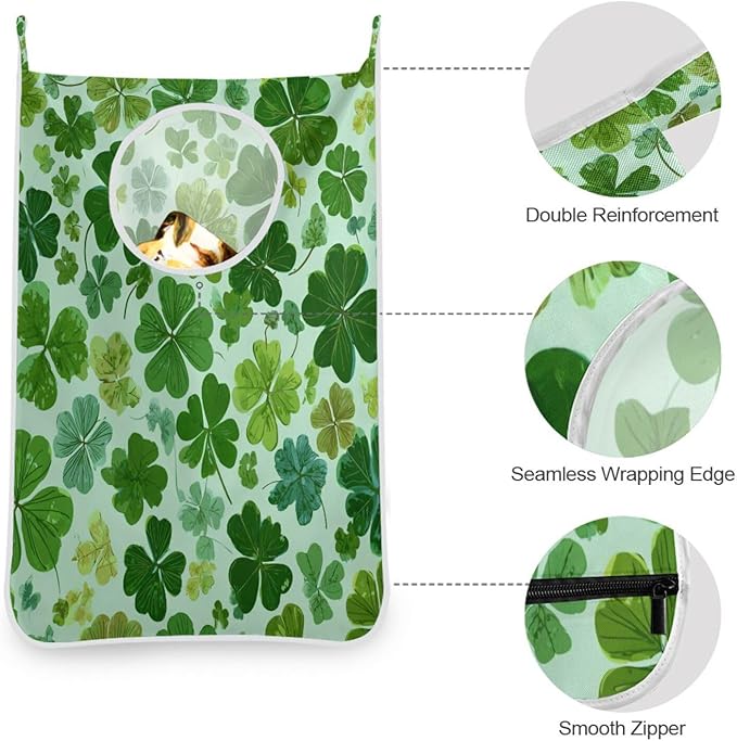 Green St Patrick Clovers Hanging Laundry Hamper Door Hampers Bag Basket with Stainless Steel Hooks Oxford Fabric Printing Decorative Clothes Bags 29.5X20inch 2Pack