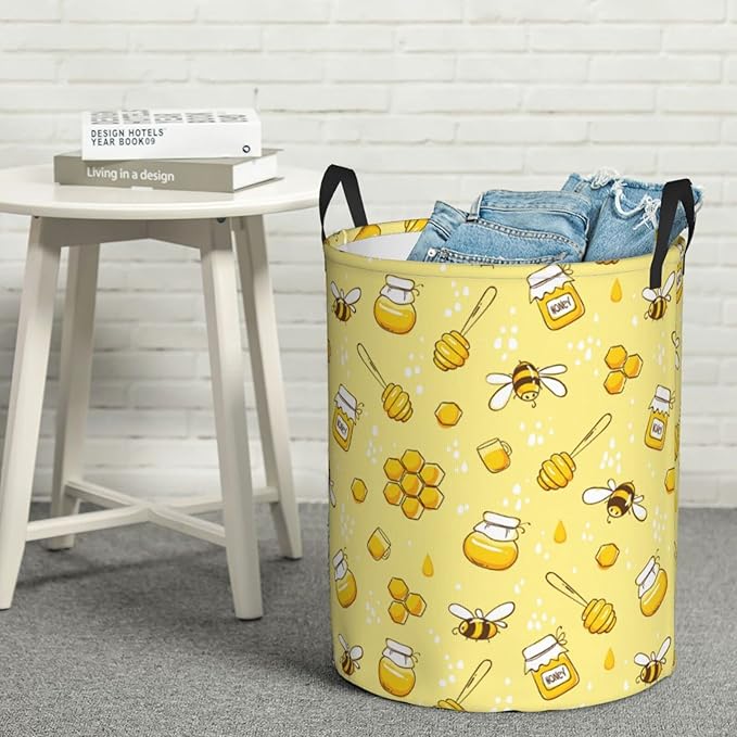 Dujiea Bees Honey Laundry Basket Round with Handle, Collapsible Foldable Canvas Storage Bin Dirty Clothes Bag for Laundry/Toys Organizer/College Dorm/Nursery/Decor(2 Sizes)