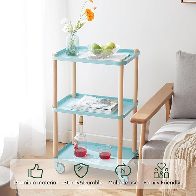 Rolling Storage Cart, 3 Tier Bathroom Organizer Mobile Shelving Unit, Metal Utility Cart Tower Rack with Beech Wood Frame for Kitchen Laundry Narrow Places(13.77"D x 19.68"W x 32.08"H, Blue)