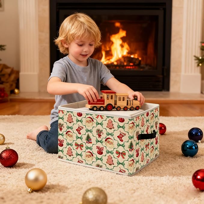 Red and Green Coquette Bow Santa Trellis Christmas Storage Bins, Gingerbread Stocking Tree Holiday Foldable Closet Organizers Storage Basket Toybox for Clothes Bed Sheets Blankets Toys