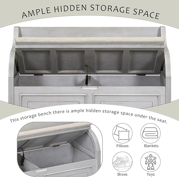 42" Rustic Storage Bench Entryway Bench Shoe Cabinet Ottoman with Safety Hinge, Removable Seat Cushion & Hidden Storage Space for Hallway Entryway Living Room Mudroom End of Bed (Gray Wash)