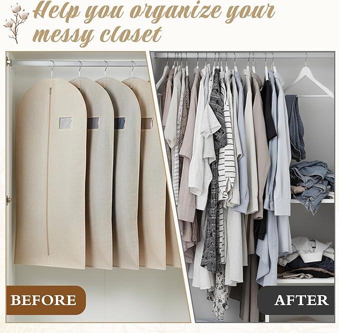 5 Pack Plastic Garment Bags for Hanging Clothes, 24 x 40 Inch Breathable Canvas Suit Bags Linen Hanging Suit Cover for Closet Storage Short Dresses Suits Gowns Travel Garment Cover