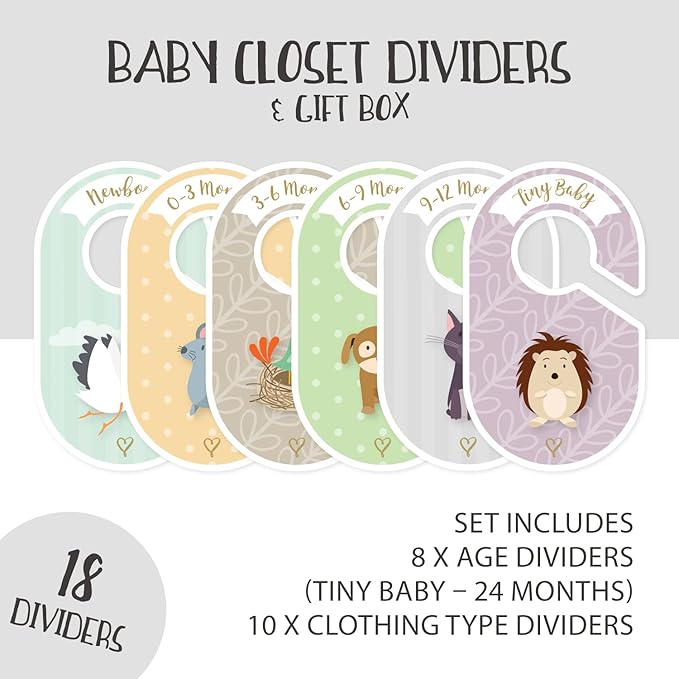 Baby Closet dividers & Baby Clothes Organizer - 18 x Baby Clothes Closet dividers - Neutral Hangers (boy & Girl) - Size & Age Baby Clothes dividers - Cozy Hedgehog