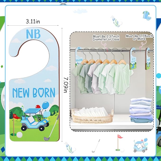 Baby Closet Dividers 8PCS, Golf Themed Wooden Double-Sided Clothes Size Hanger Organizer from Newborn to Toddler for Nursery Decor Baby Shower Birthday Gift Blue & Green