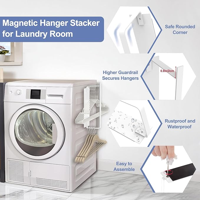 2 Pack Magnetic Hanger Holder for Laundry Room, Space-Saving Hanger Organizer for Washing Machine Dryer, Holding up to 40 Velvet Wire Plastic Hangers (2, White)
