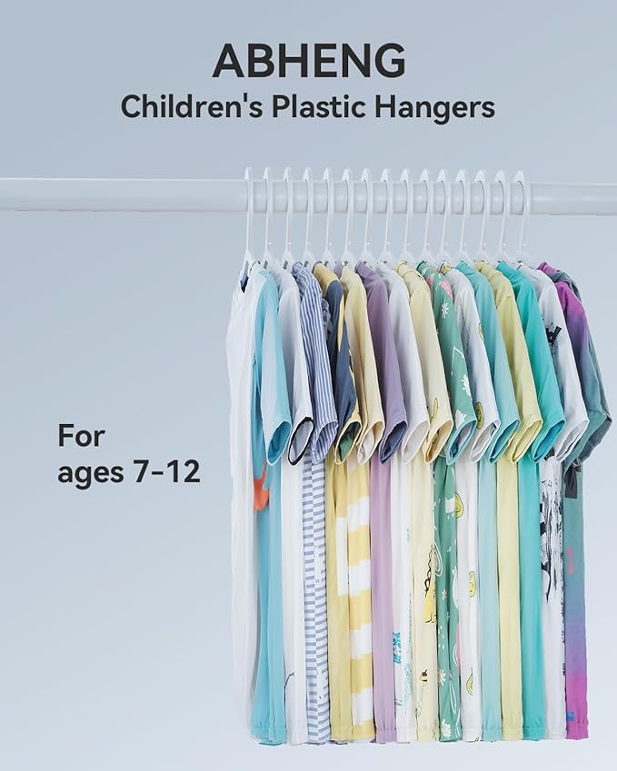 Plastic Kids Hangers, Pack of 60, Ultra Slim Closet Hangers, Non-Slip, Space-Saving, Sturdy, 14" W x 7" H (for Children Aged 7-12 Years), White, UAPY0760W