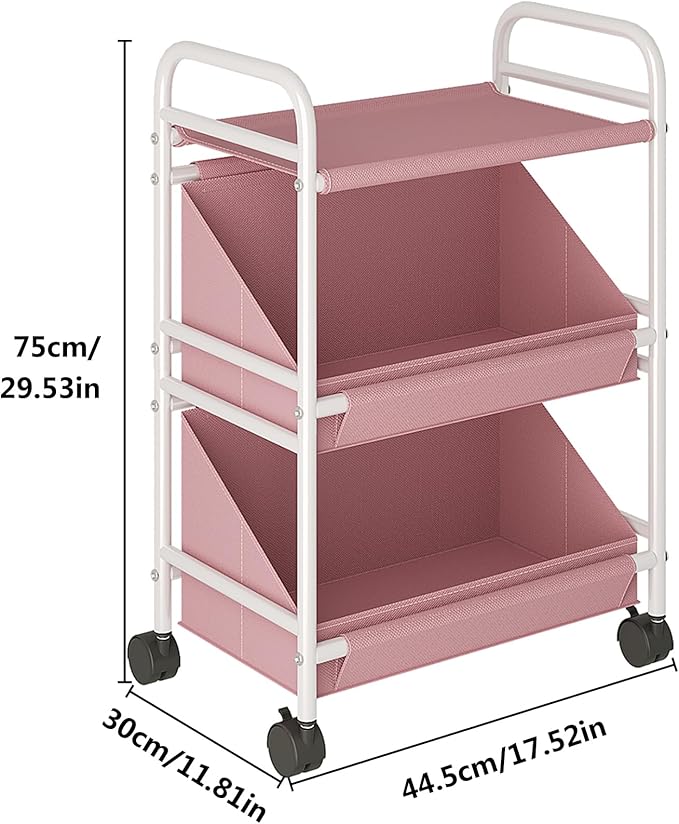 Buzowruil Utility Rolling Fabric Storage Rack Trolley Toy Cart Trolley with 2 Large Storage Boxes,Wheels, Suitable for Bedroom, Living Room, Entryway, Pink