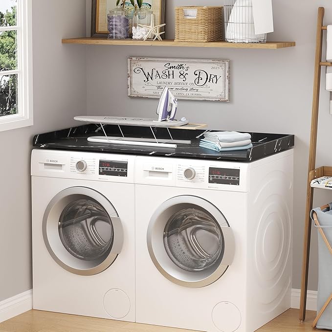 Lifewit Washer Dryer Countertop, Melamine Covers with Edge Rails for The Top, Laundry Room Storage and Organization, Spice Type, Hold 200lbs, Black Marble, 54" x 27.5"