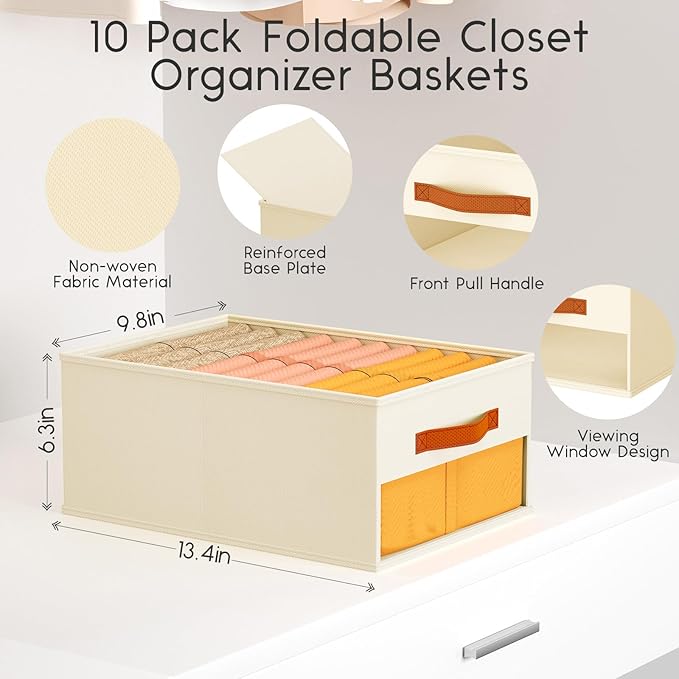 Drawer Organizers and Storage - 10 Pack Foldable Pants Organizer with Clear Window & Handles, Fabric Closet Organizer for Clothes, Jeans, Sweaters, Towels, T-shirt, Scarf (Beige)
