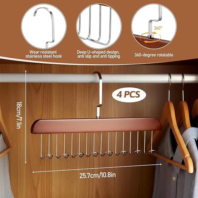 4 PCS Tie Rack Belt Hanger, Bra Hanger for Closet, Belts Rack with 32 Hooks Ties Holder 360° Rotatable Neck Tie Organizer Belt Holder Bra Organizer for Closet Space Saving for Ties, Scarves