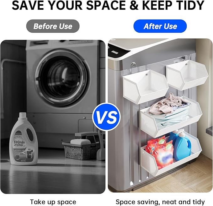 Magnetic Basket for The Side of Washing Machine Magnetic Lint Bin for Laundry Room Magnetic Spice Rack for Refrigerator Laundry Room Organization and Storage, Metal (White, Large)