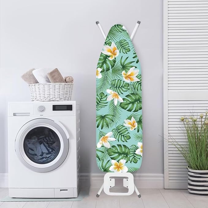 GLENLCWE Hawaiian Plumeria Green Palm Ironing Board Cover for All Standard Ironing Boards, Thick Pad Elastic Band Ironing Board Replacement Washable,15X54inch