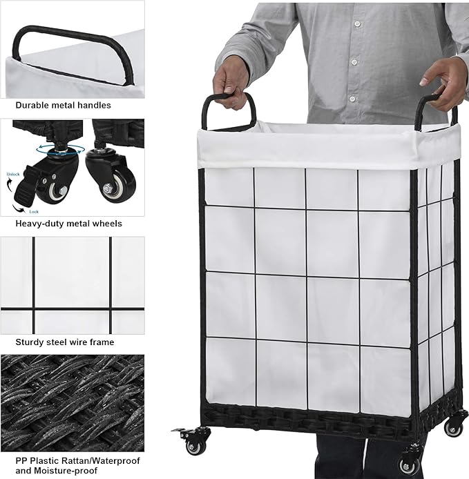 Heavy Duty Laundry Hamper with Lockable Rolling Wheels – Durable, Collapsible Laundry Basket Featuring Removable Liner Bag & Metal Handle (White)
