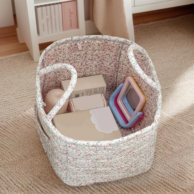 Quilted Fabric Storage Basket Boho Floral Laundry Baskets with Handles Collapsible Quilted Soft Basket for Car, Clothes, Toys Storage