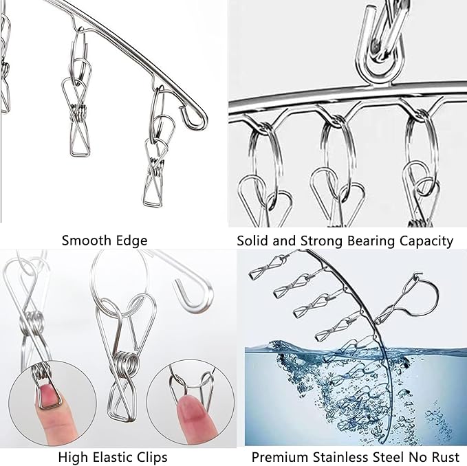 Stainless Steel Laundry Drying Rack Clothes Hanger with Windproof Hook,Underwear Hanger,Clothes Hangers with 8 Clips for Drying Socks,Diapers,Baby Clothes (3 Pack)
