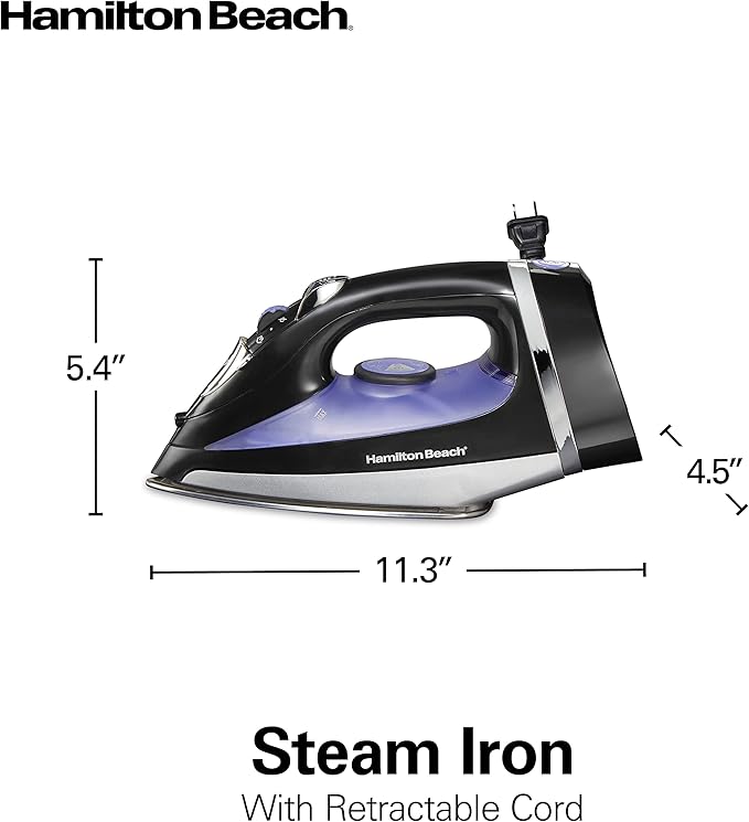 Hamilton Beach Steam Iron for Clothes & Garment Steamer with Smooth Press Stainless Steel Soleplate, 1200 Watts, 8’ Retractable Cord, Black (14214)