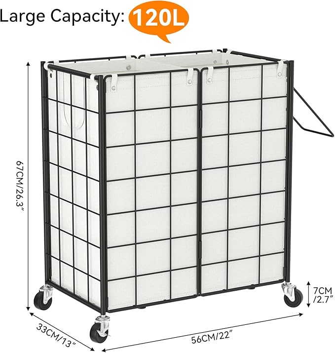 WOWLIVE Double Laundry Hamper with Wheels,Metal Wire Frame Rolling Laundry Basket with 2 Removable bags,120L Dirty Clothes Hamper Organizer Dorm Room Storage for Bedroom,Bathroom,Black and White