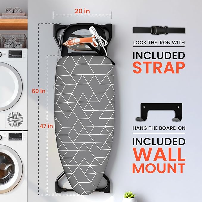 Xabitat Extra Wide Ironing Board 60" X 20" with Wheels & Wall Mount Hanger | Full Metal Iron Board | Built in Iron Caddy | Heat & Scorch Resistant Cover| Heavy Duty | Wide Leg