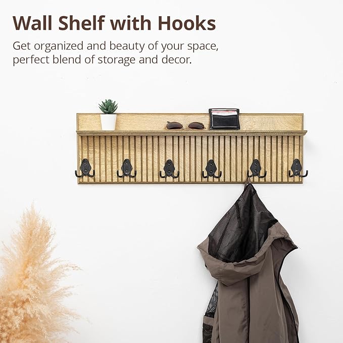 Rustic Wall Mounted Coat Rack with Shelf Wooden Entryway Organizer with 5 Metal Hooks for Coats Hats Towels Keys Floating Storage Shelf for Bathroom Bedroom (Jade, 24 inch Striped (4 Hooks))
