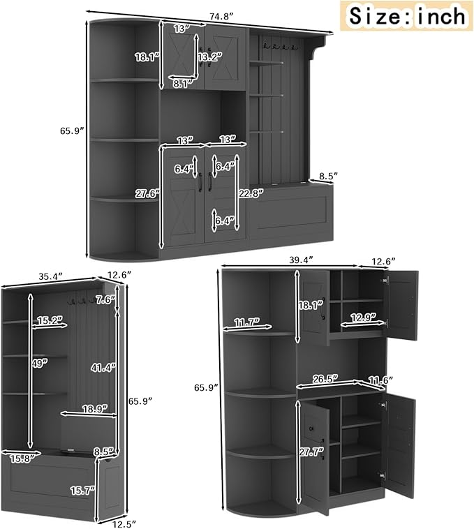 66" H Hall Tree with 4 Hooks, Open Shelving and Flip Hidden Shelf, Multifunctional Left-Right Combination Coat Rack (can be Used Separately), Entryway Bench for Living Room, Hallway