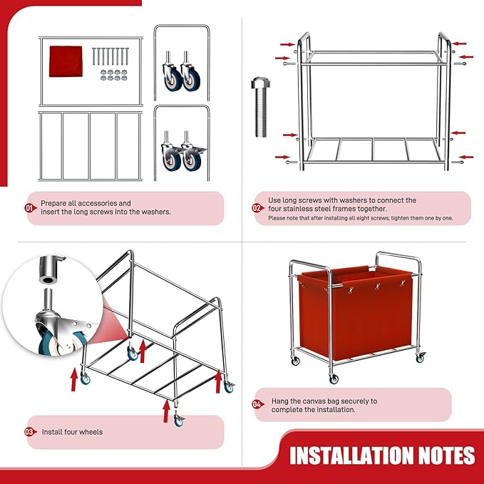 Commercial Laundry Cart with Wheels, 440 lbs Heavy Duty Industrial Laundry Cart with Sturdy Frame and Oxford Bag for Home Hotel Hospital, Rolling Laundry Cart for Home & Hotel, 400L(Red)
