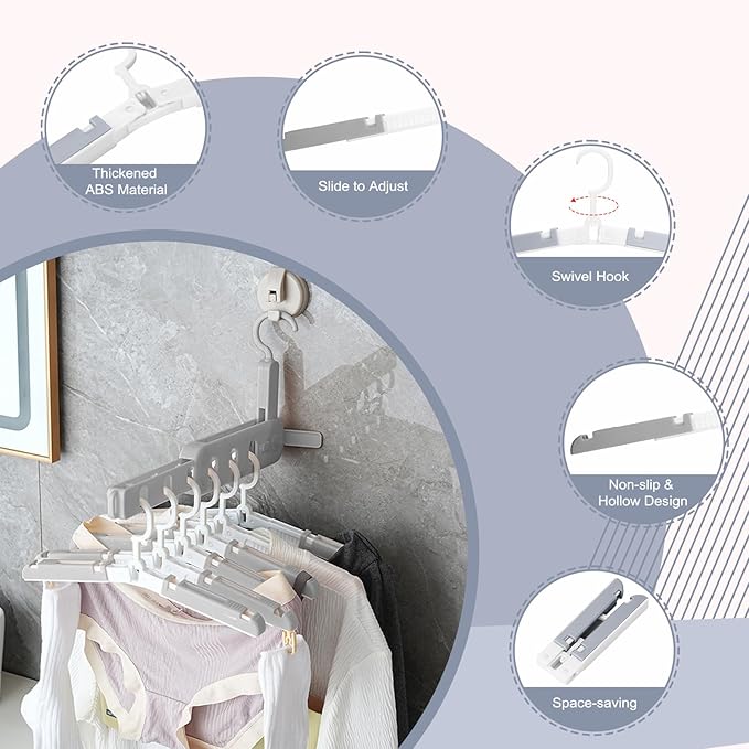 Foldable Travel Hangers for Cruise, 6 Pack Portable Collapsible Hanger with Clips, Folding & Space-Saving Suitcase Hangers for Travel, Grey-White (Grey-White)
