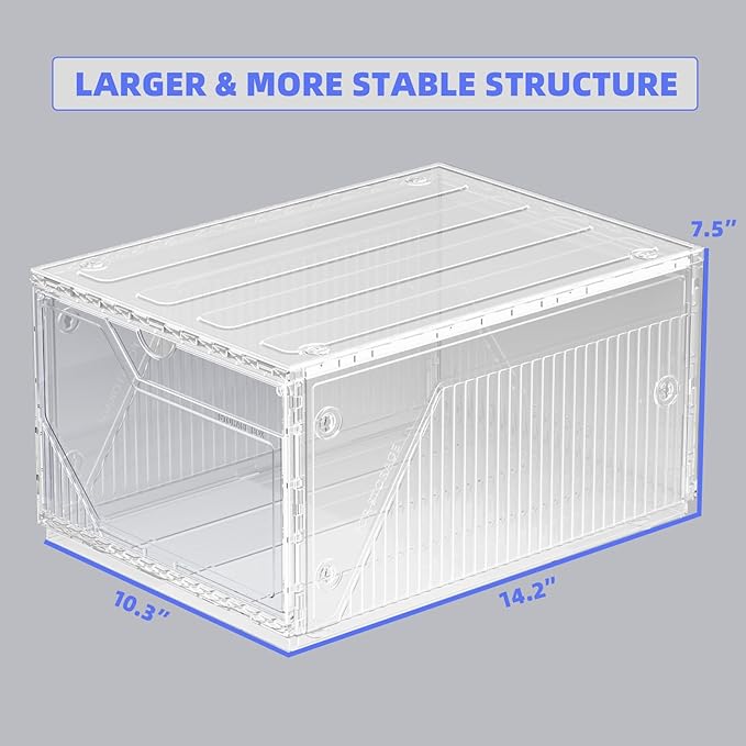 10 Pack Upgraded XX-Large Closet Organizers and Storage with Magnetic Door, New structure is more stable, Thicken & Sturdy Clear Stackable Interconnectable Shoe Box for Entryway, Under Bed
