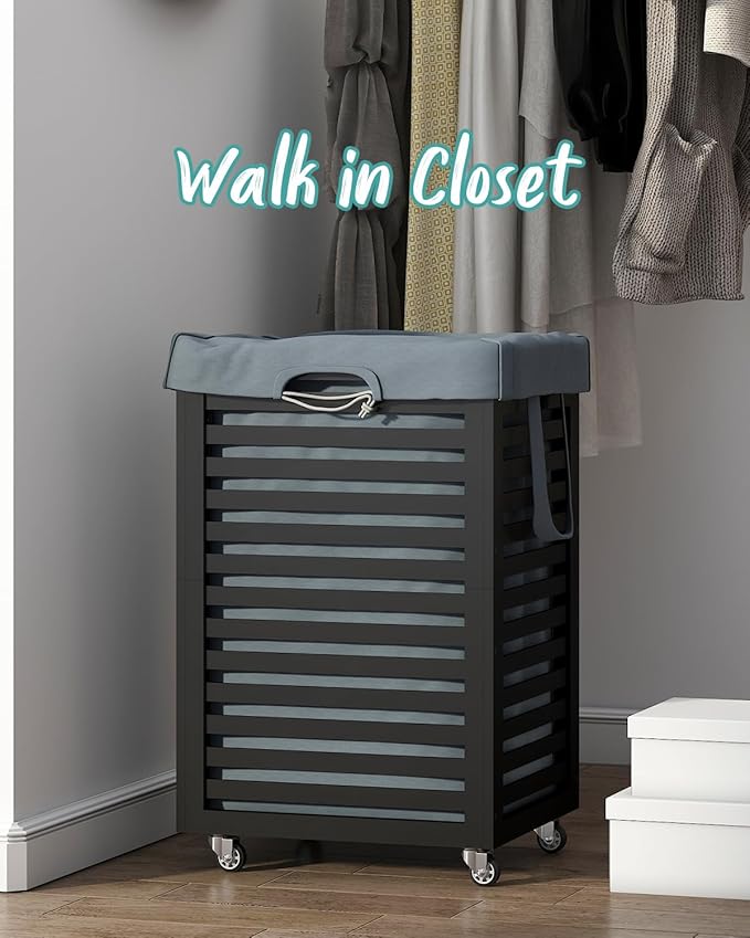 Black Laundry Hamper, Laundry Hamper with Wheels, 22.7 Gallon (86L) Bamboo Wood Clothes Laundry Basket with Handles, Removable Liner