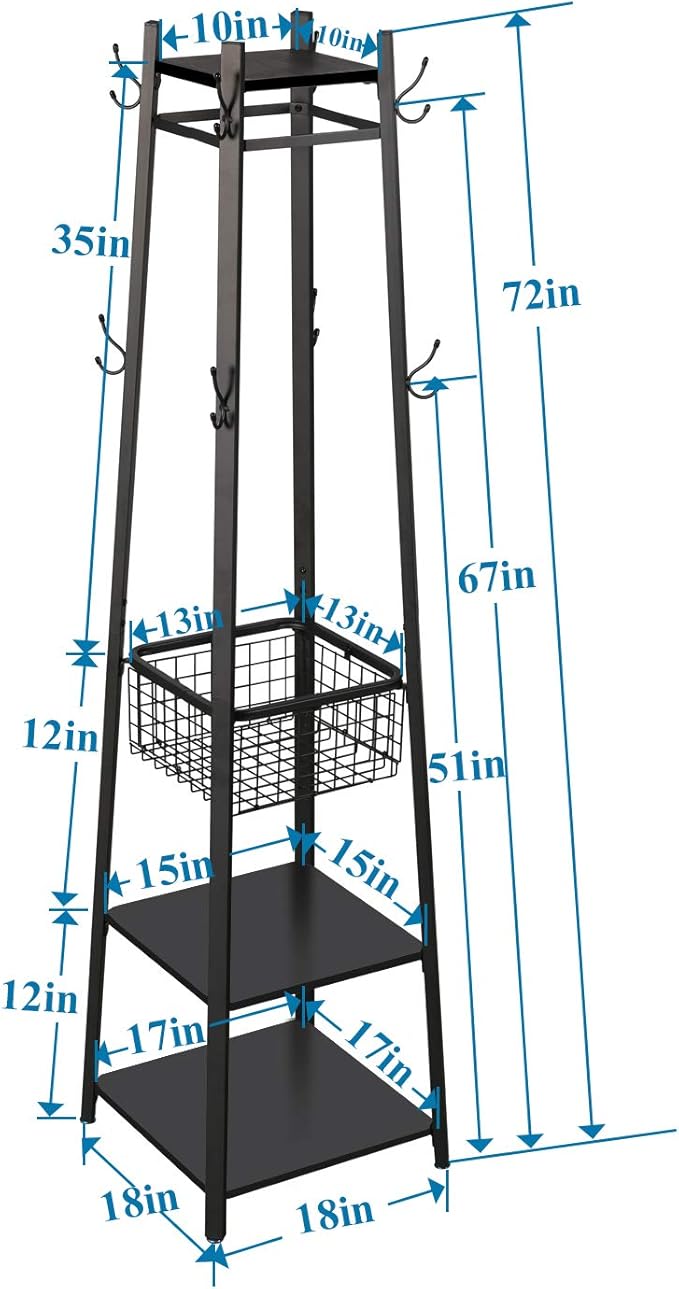 VECELO Coat Rack Freestanding,Hall Tree with Metal Basket and Storage Shelves,Industrial Coat Rack Stand with 8 Hooks for Hanging Coats/Hats/Bags/Umbrellas,18 x 18 x 72 In,Matte Black