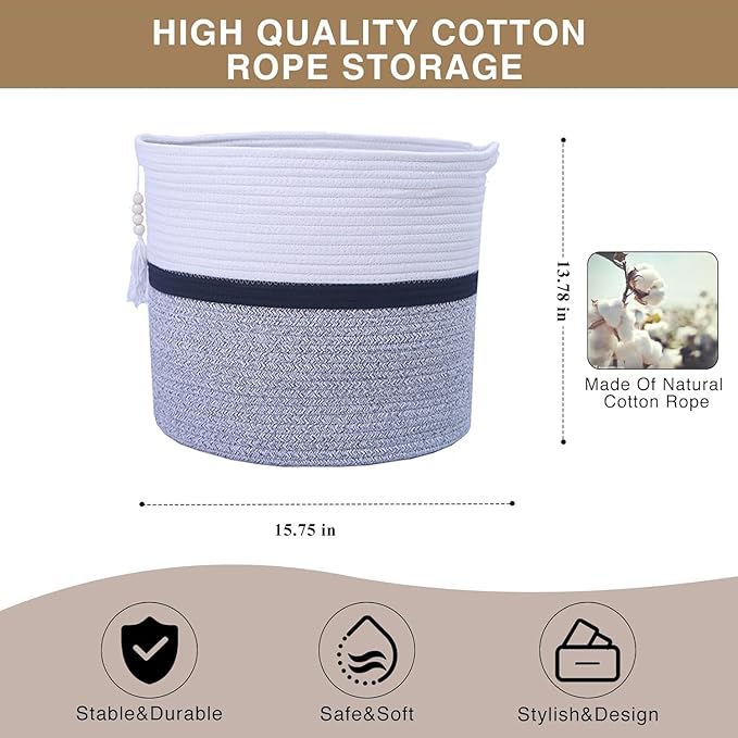 Cotton Rope Storage Bin,Natural Handmade Woven Hamper for Living Room,Blanket Basket for Clothes, Pillows, Towels (black, 55L)