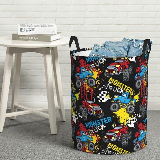 Laundry Basket Monster Truck Room Decor,Round Laundry Hamper Waterproof Dirty Clothes Hamper Collapsible Laundry Baskets With Handles,Toy/Clothes Storage Basket For Home Dorm Bathroom Decor