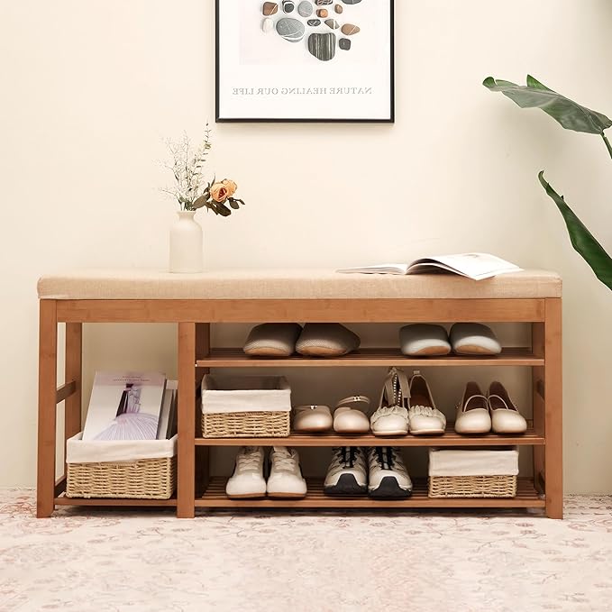 Shoe Rack Bench with Cushion 39.4“, Shoe Rack for Front Door Entrance, Shoe Bench with Storage for Entryway Hallway Bedroom Living Room