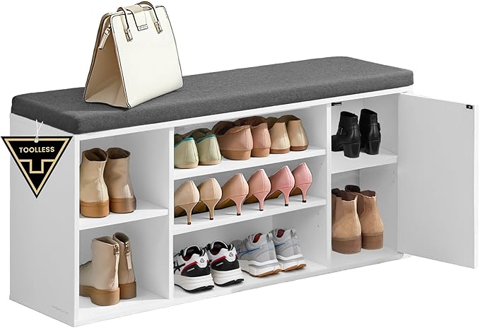 SONGMICS HOME Storage Bench, Superfast Toolless Assembly, 41" Wide Entryway Shoe Cubby Bench with Cushion & Adjustable Shelves, Window Shoe Rack Cabinet, Snow White and Slate Gray ULHS391WE02S