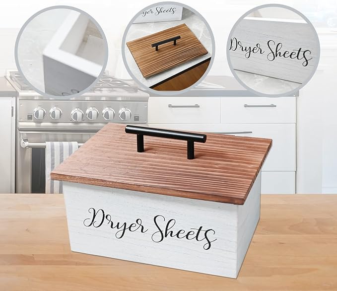 Dryer Sheet Holder, Farmhouse Dryer Sheet Dispenser, Wood Dryer Sheet Container Box with Lid, Rustic Dryer Sheet Caddy, Fabric Softener Storage Organizer Bin for Laundry Room Decor