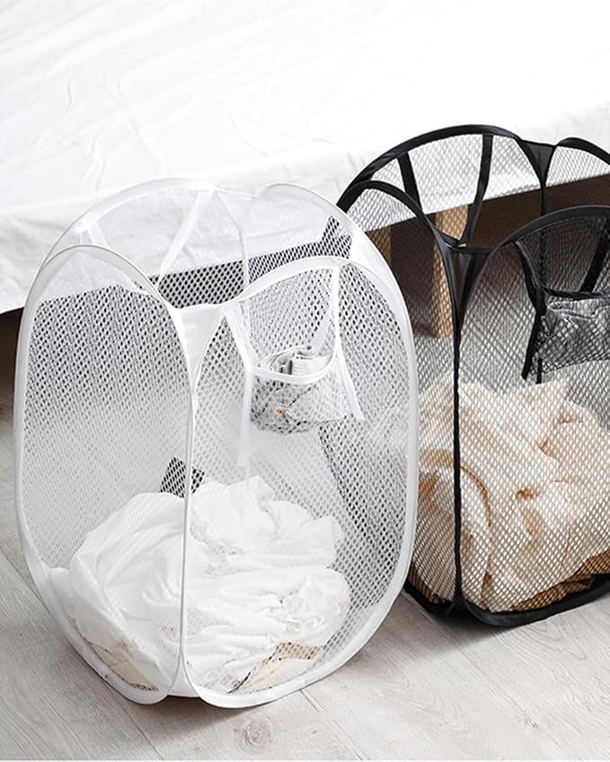 2 PCS Clothes Hampers for Laundry Stackable Divided Baskets Lightweight Room Collapsible Storage Bin 2 Packs Mesh Bags for Home, Dorm, Travel, Camping (Black & White)