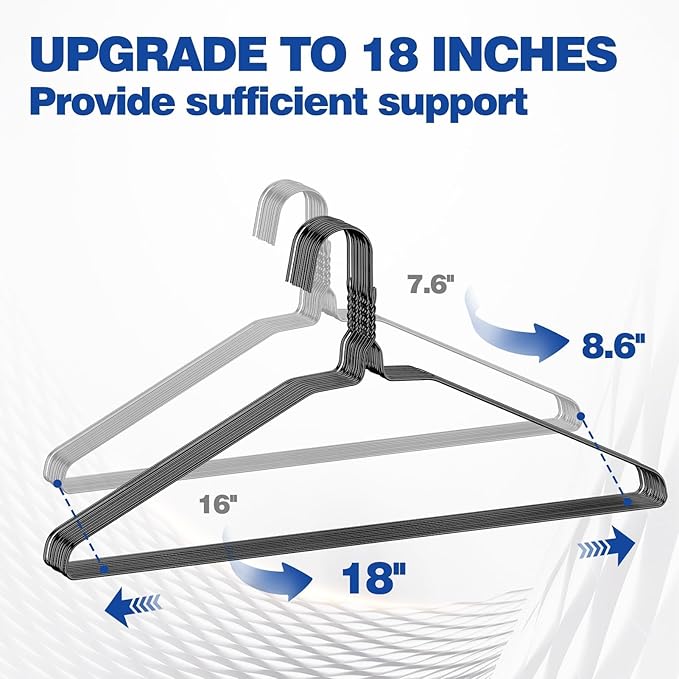 18 Inch Wire Metal Clothes Hangers Bulk 100 Pack, Extra Long for Large Size Suits, Coats, Shirts, Pants, Skirts, Ultra Thin, Space Saving, Non Slip, Black