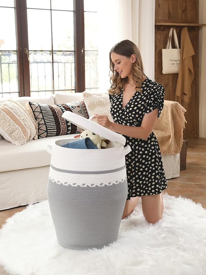 26" x 20" Handcrafted Tall Cotton Rope Basket with Lid, Stylish Flagon Shape with Cover, Clothes Hamper with Top, for Bedroom and Living Room, White/Grey