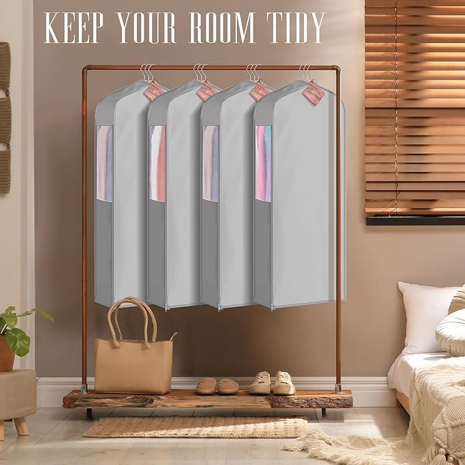 1 Set 40'' x 24'' x 6'' Short Cotton Garment Bags for Hanging Clothes and Storage, 4 Cedar Blocks for Fresh Smell and Moth Protection, Breathable Covers for Closet Suits Fur Coats Sweaters
