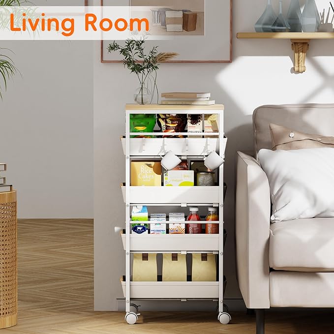 5-Tier Kitchen Storage Cart, Wood Top Rolling Cart Organizer with Pull-Out Baskets & Wheels, Metal Snack Cart with Holder for Fruit, Vegetable, Microwave, Kitchen, Pantry, White