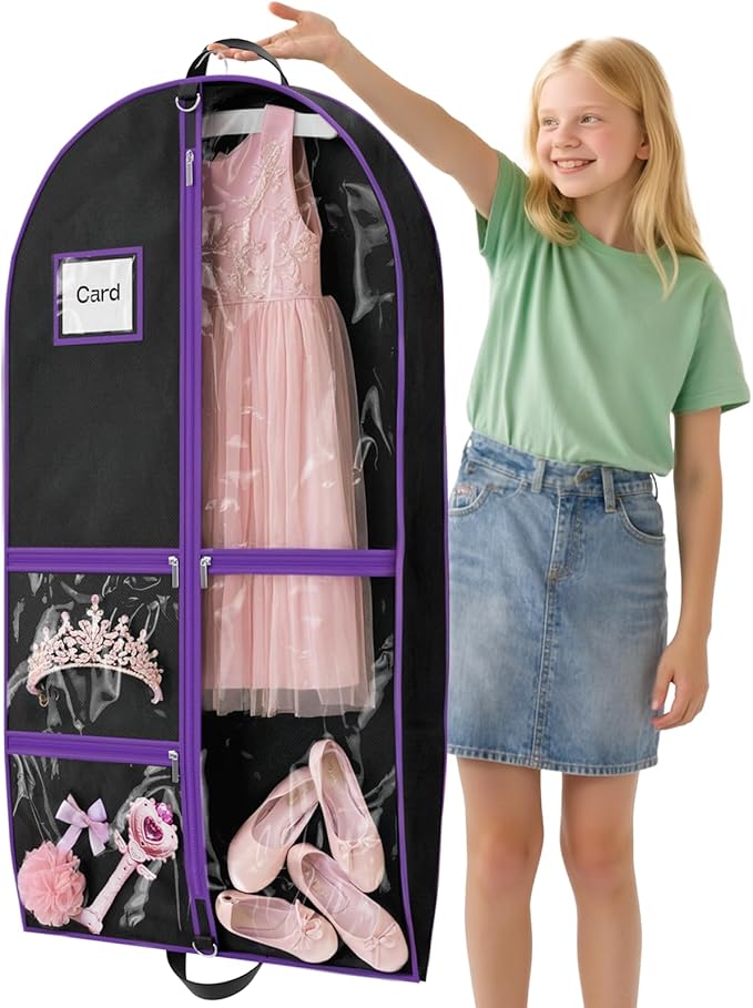 Dance Garment Bags for Dancers, 40" Garment Bags for Hanging Clothes with 3 Clear Zipper Pockets, Cheer Uniform Garment Bag for Suits, Travel & Sports Jersey, Cheer Uniform (Purple, 1Pack 40")