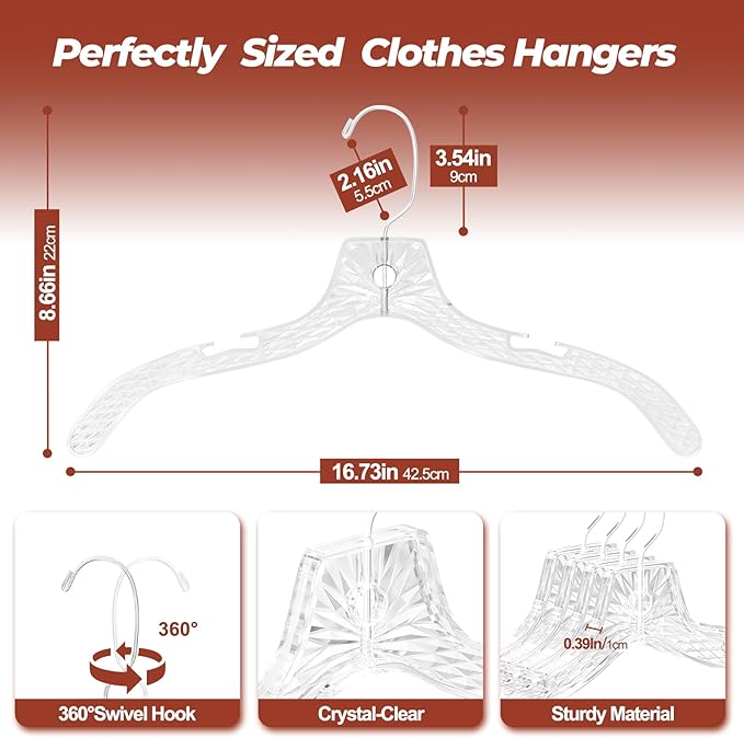 Clear Plastic Hangers 25 Pack, Durable Crystal Heavy Duty Clothes Hangers with Non-Slip Notches & 360° Swivel Hook, Space Saving, Ideal for Coats, Suits, Dresses, Shirts