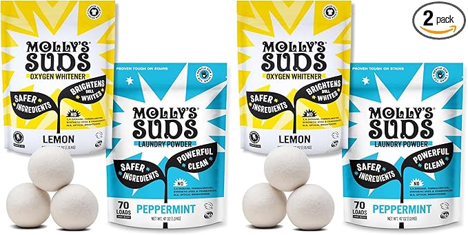 Molly's Suds Starter Pack | Includes 70 Load Natural Laundry Powder, 2 Package of Wool Dryer Balls & 1 Oxygen Whitener