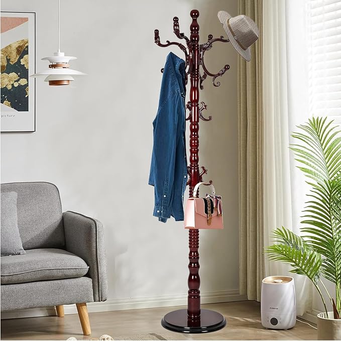 Solid Wood Coat Rack, Free Standing Hall Coat Tree with 14 Hooks, 3 Height Options, 300lbs Load, Stury Base, Clothes Rack for Entryway, Hallway, Bedroom (Disc Base - Rosewood)