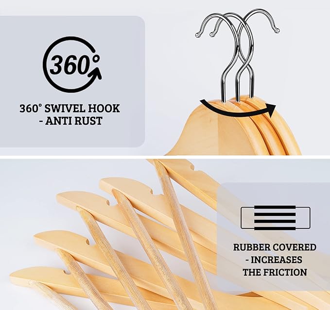 HOUÍSM Wooden Hangers 30 Pack, Solid Wooden Suit Hangers Coat Hangers with Non-Slip Pants Bar, 360° Swivel Hook & Notches, Smooth Finish, Heavy Duty Clothes Hangers for Coats, Suits, Pants and Jackets